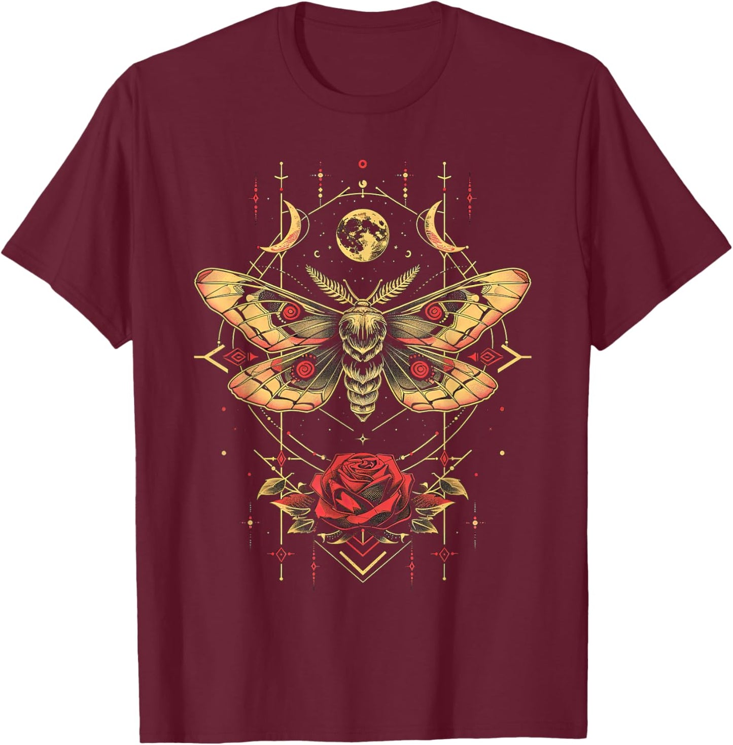 Mystic Moth in Front of Moon Roses Occult Gothic Simple Dark T-Shirt - T-Shirt | Maroon
