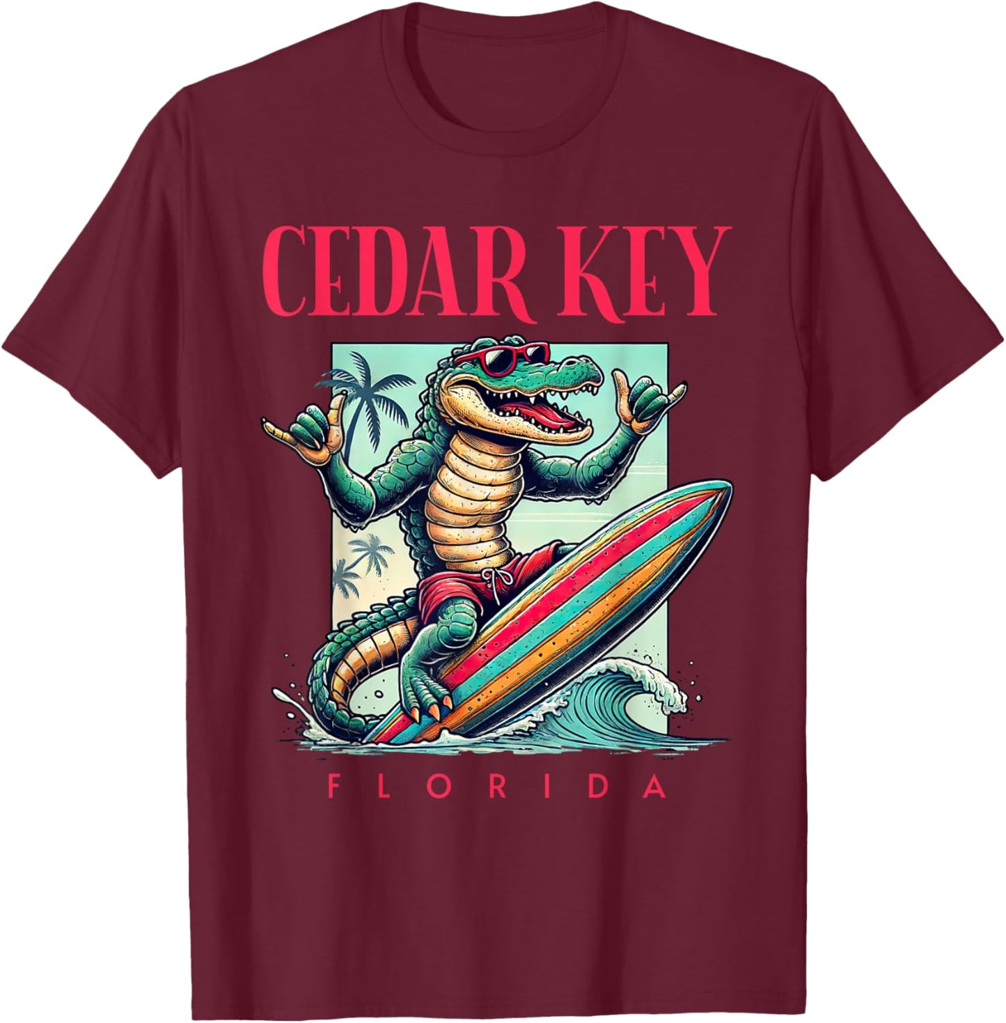 Cedar Key Florida Surfing Crocodile Beach Vacation T-Shirt - T-Shirt | Maroon