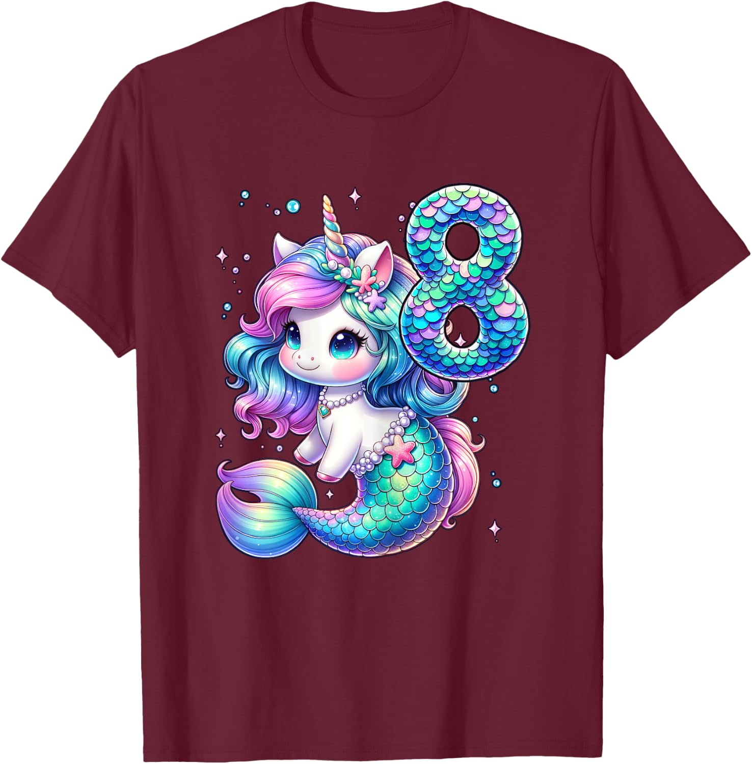 Unicorn Mermaid 8th Birthday 8 Year Old Party Girls Outfit T-Shirt - T-Shirt | Maroon