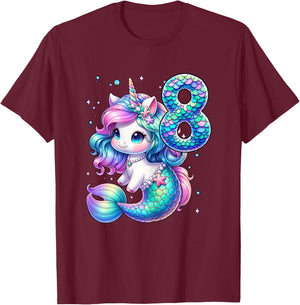 Unicorn Mermaid 8th Birthday 8 Year Old Party Girls Outfit T-Shirt - T-Shirt | Maroon