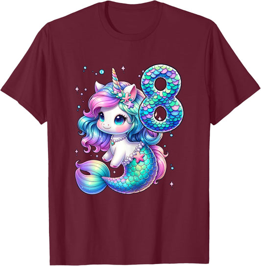 Unicorn Mermaid 8th Birthday 8 Year Old Party Girls Outfit T-Shirt - T-Shirt | Maroon