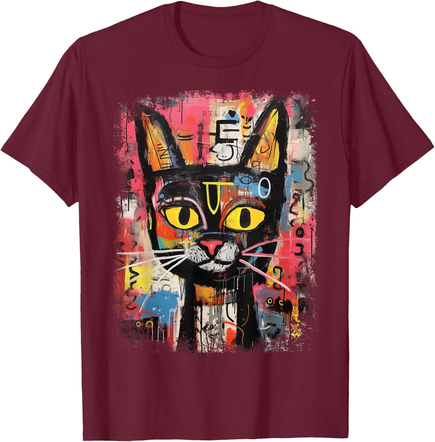 Y2K Streetwear Hip Hop Abstract Cat Pop Art Graffiti Cat T-Shirt - T-Shirt | Maroon