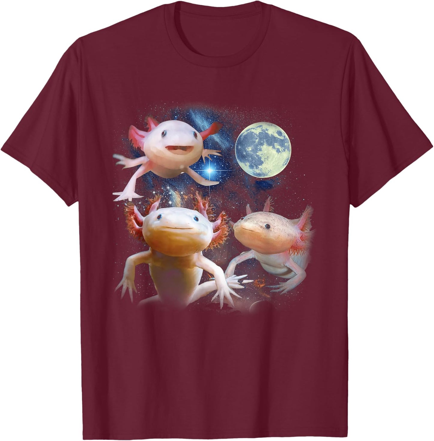 Three Axolotl Moon With 3 Axolotls Howling At The Moons T-Shirt - T-Shirt | Maroon