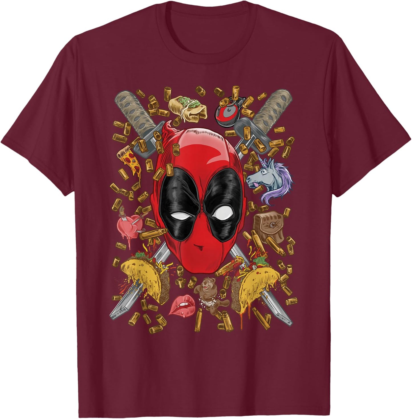 Marvel Deadpool Crossed Swords Mashup T-Shirt - T-Shirt | Maroon