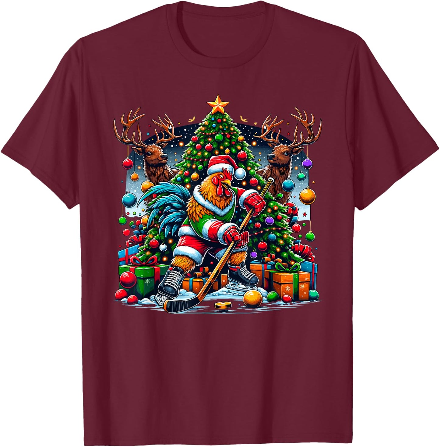 Funny Santa Chicken Playing Hockey T-Shirt - T-Shirt | Maroon