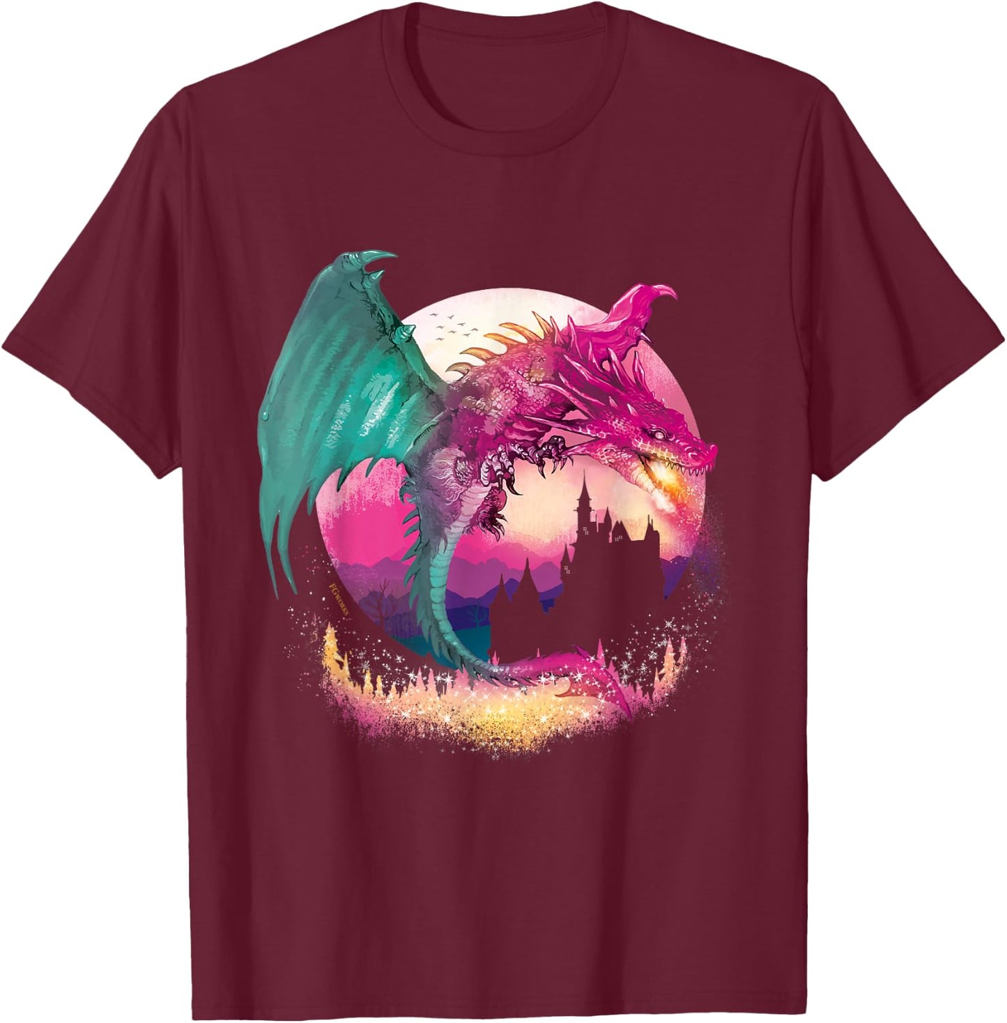 Fire Dragon With Fantasy Background Kids and Teens T-Shirt - T-Shirt | Maroon