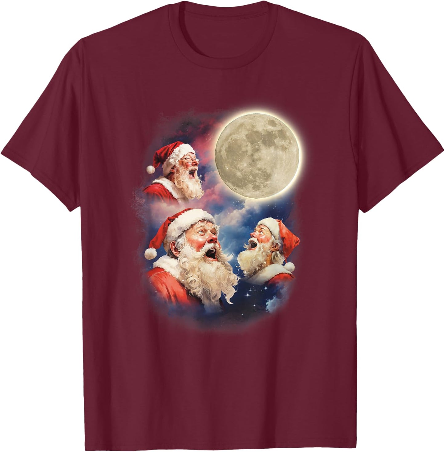 Three Santa Moon Santas Howling At Moon Meme Weird Christmas T-Shirt - T-Shirt | Maroon