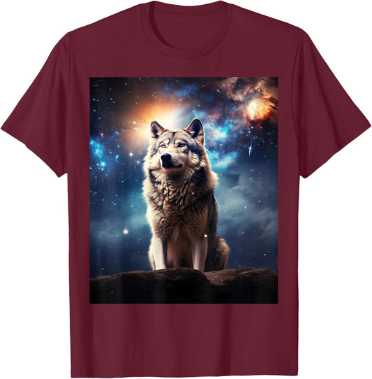 Cool Wolf Cosmic Galaxy Graphic Art Novelty Stuff T-Shirt - T-Shirt | Maroon