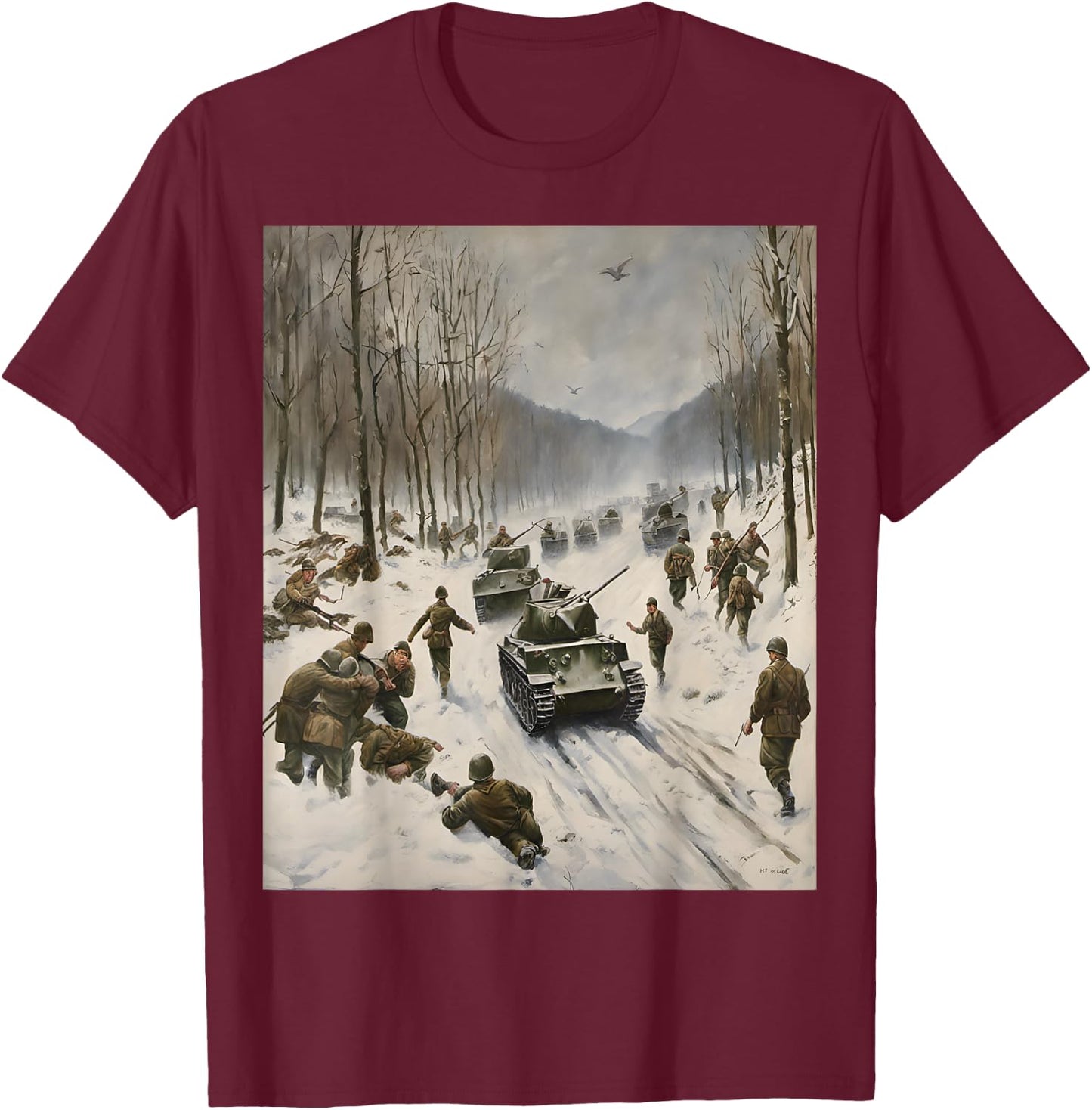 Battle Of The Bulge Winter Warfare Art T-Shirt - T-Shirt | Maroon