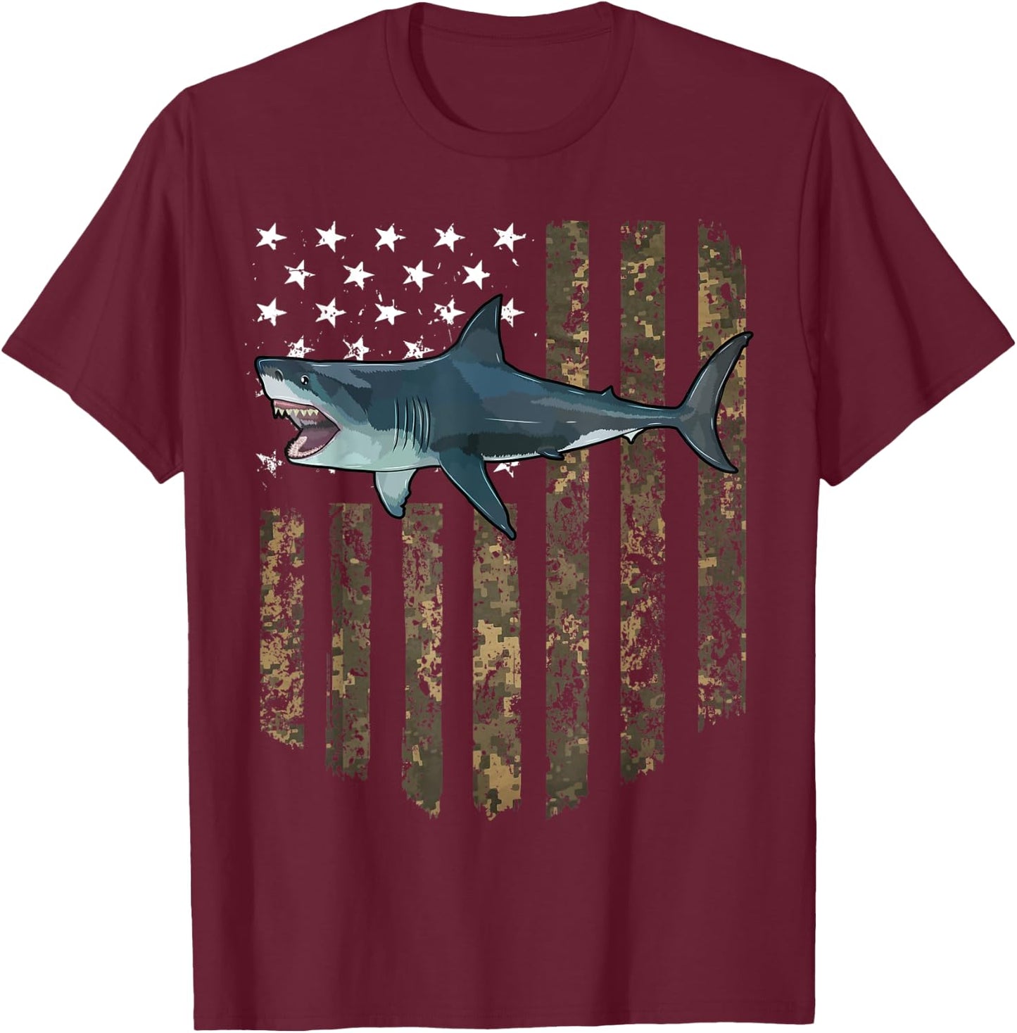 Camo American Flag Megalodon 4th Of July T-Shirt - T-Shirt | Maroon