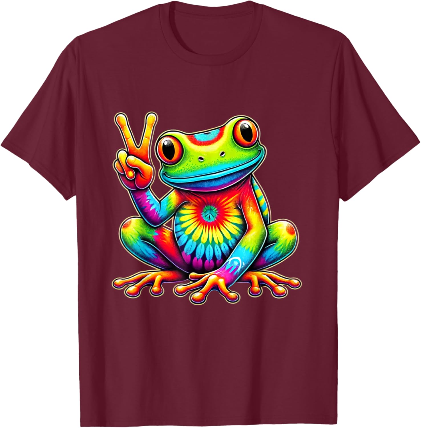 Tie-Dye Frog Holding Peace Sign Funny Hippie T-Shirt - T-Shirt | Maroon