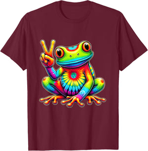 Tie-Dye Frog Holding Peace Sign Funny Hippie T-Shirt - T-Shirt | Maroon