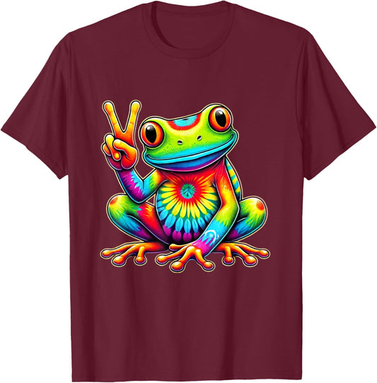 Tie-Dye Frog Holding Peace Sign Funny Hippie T-Shirt - T-Shirt | Maroon