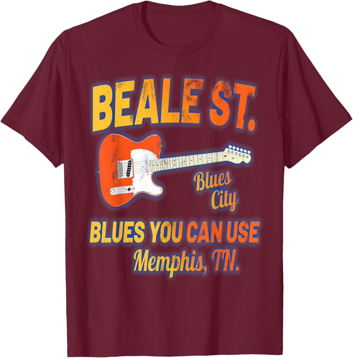 Distressed Beale Street Blues Music Memphis Tennessee T-Shirt - T-Shirt | Maroon