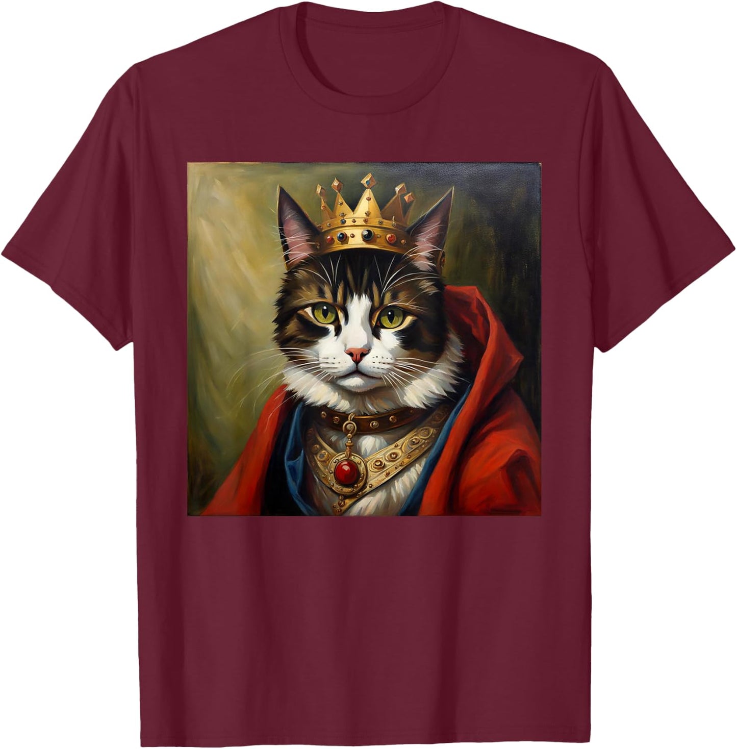 Cat King Funny Cute Animal Medieval Renaissance Oil Painting T-Shirt - T-Shirt | Maroon