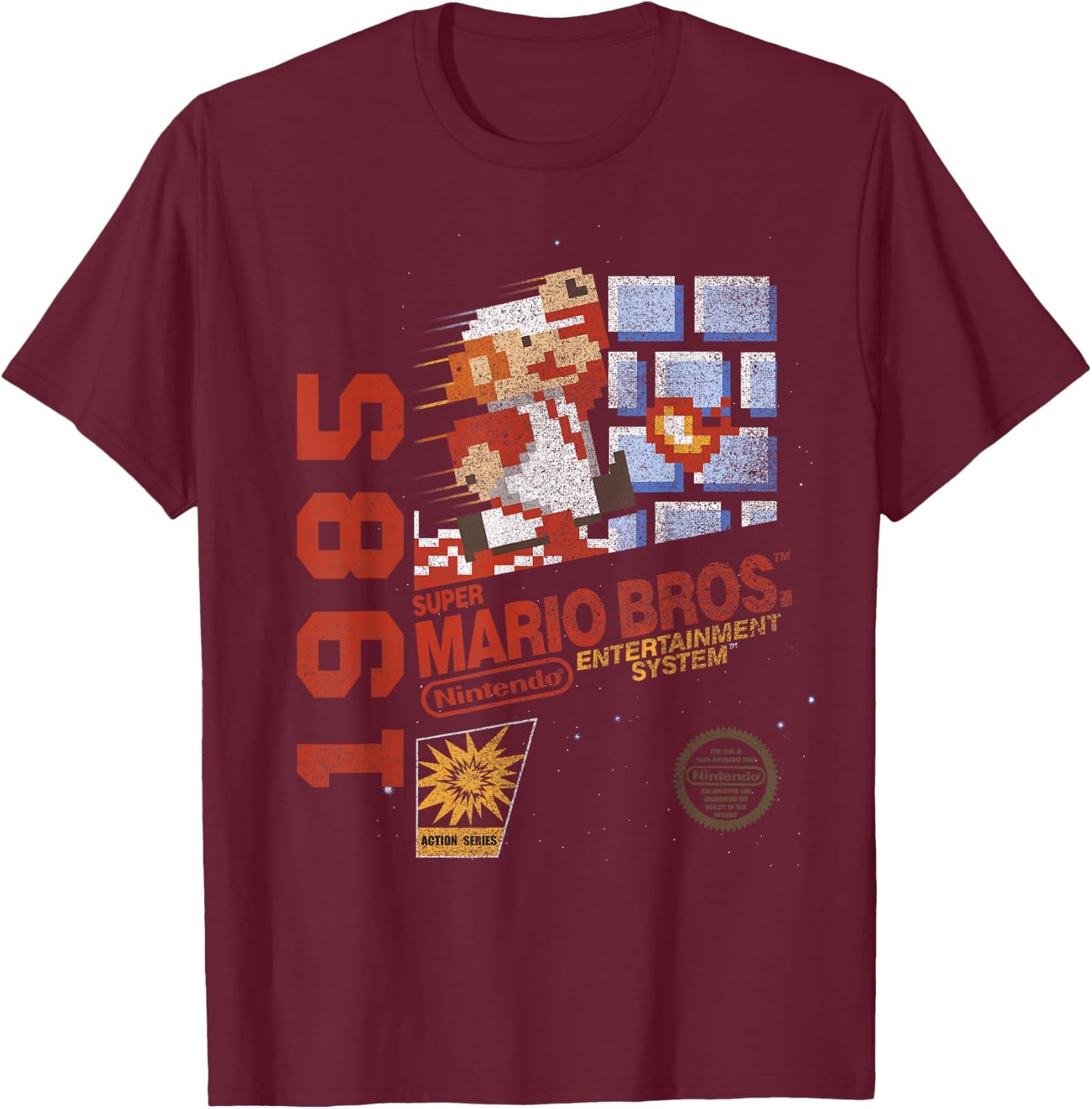 Super Mario Bros NES 1985 Retro 8-Bit Nintendo Game Cover T-Shirt - T-Shirt | Maroon