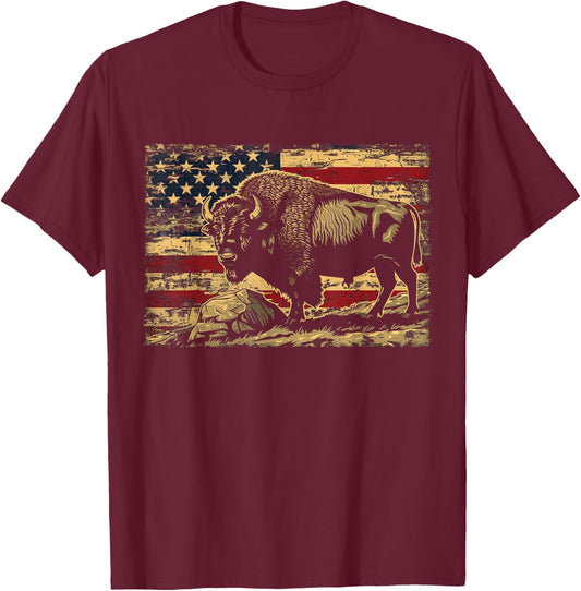 Retro American Flag Cute Animal Bison Lovers Awesome Outfits Kids Men T-Shirt - T-Shirt | Maroon