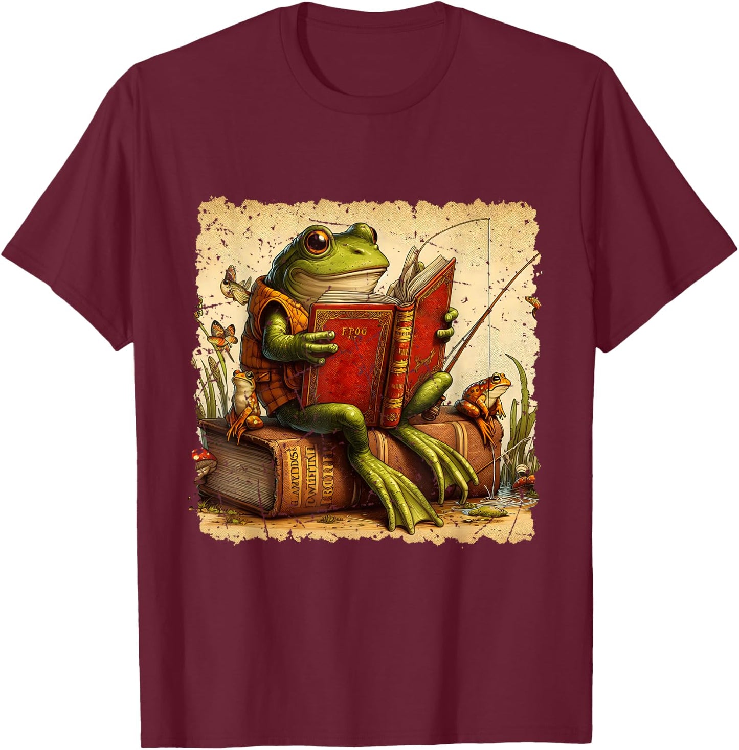 Frog & Toad Fishing Vintage Classic Book Frog Reading Book T-Shirt - T-Shirt | Maroon