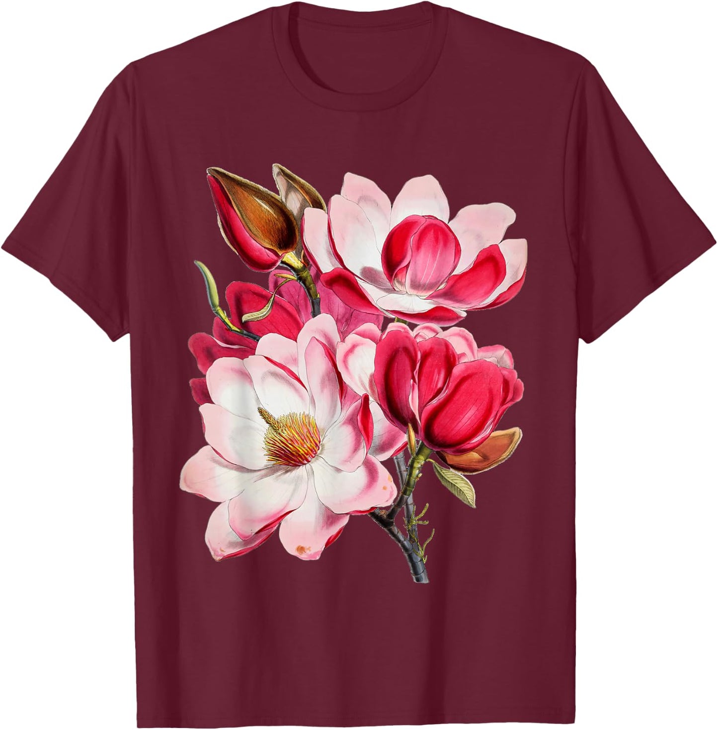 Vintage Pink Magnolia Tree Blooming Flower Fleur T-Shirt - T-Shirt | Maroon