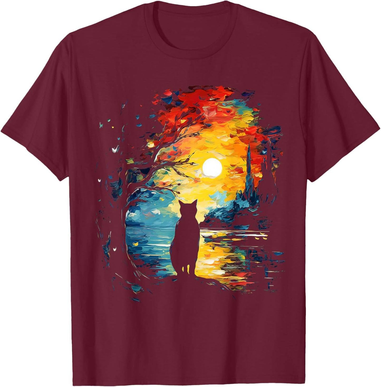 Cat Art Animal Painting Print Graphic Motif Cat T-Shirt - T-Shirt | Maroon