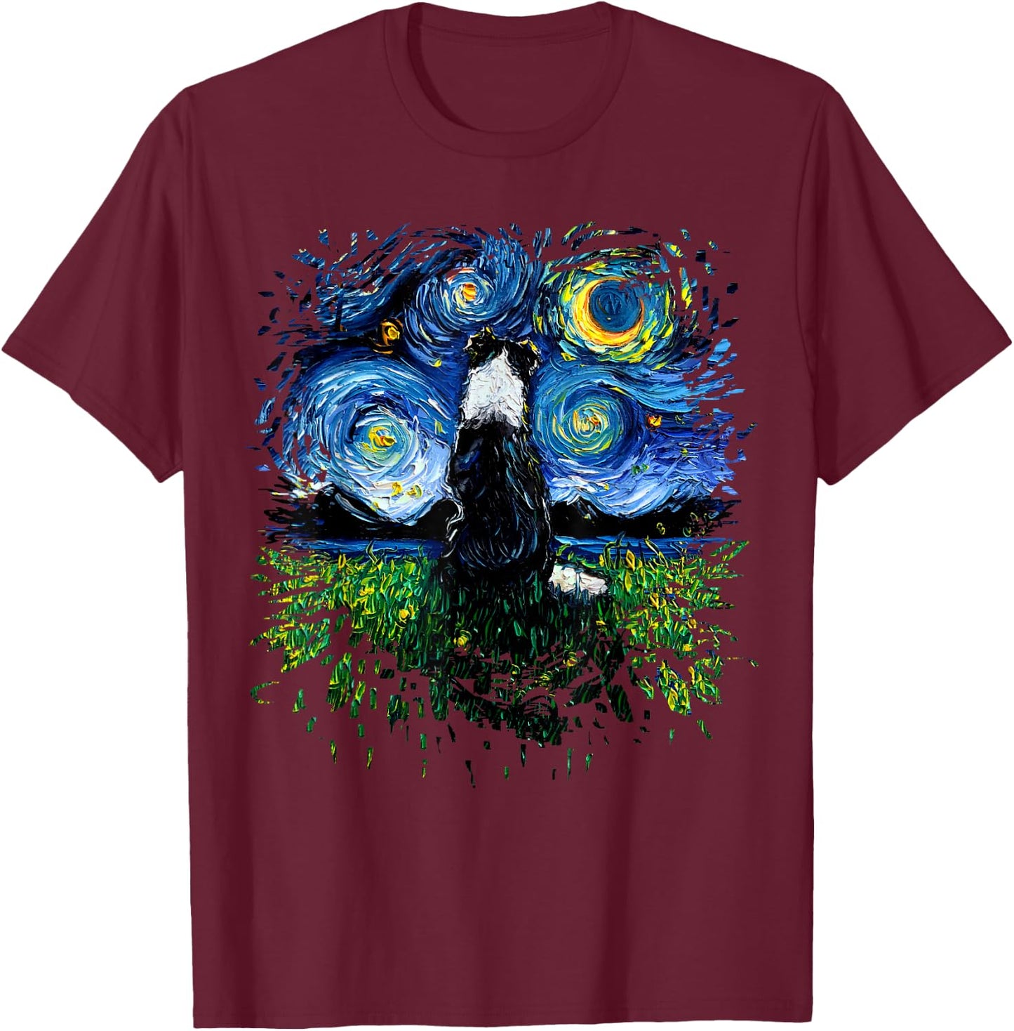 Border Collie Back Starry Night Impressionist Dog Aja Art Women Girls Kids T-Shirt - T-Shirt | Maroon