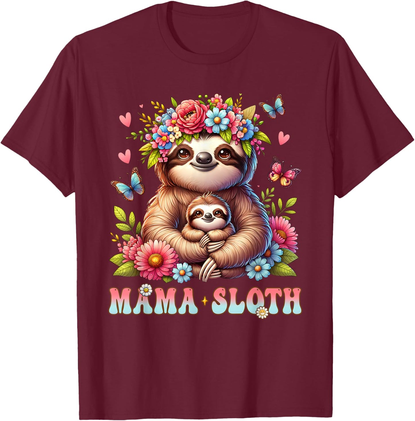 Mama Sloth Mother's Day Matching Floral Mommy Mom T-Shirt - T-Shirt | Maroon