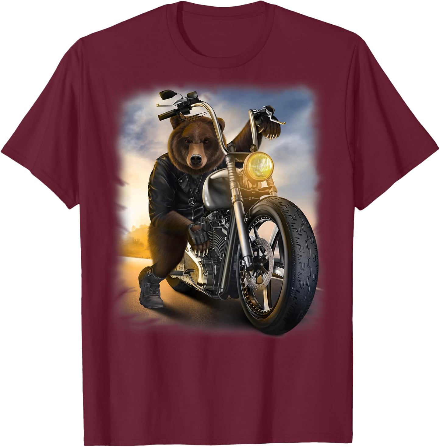 Grizzly Bear Riding Chopper Motorcycle at Sunset T-Shirt - T-Shirt | Maroon