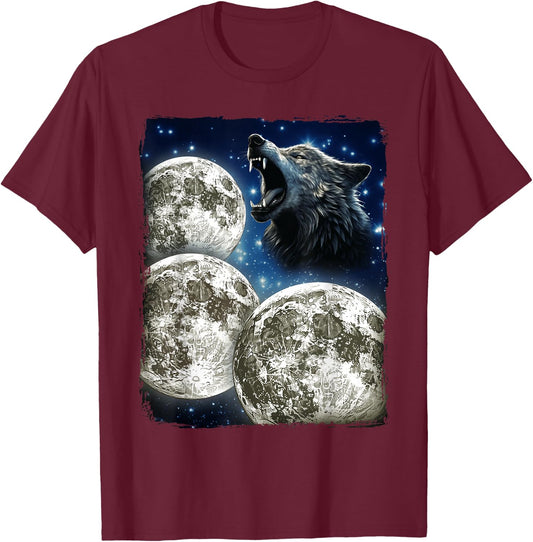 Three Moons Howling At Wolf T-Shirt - T-Shirt | Maroon