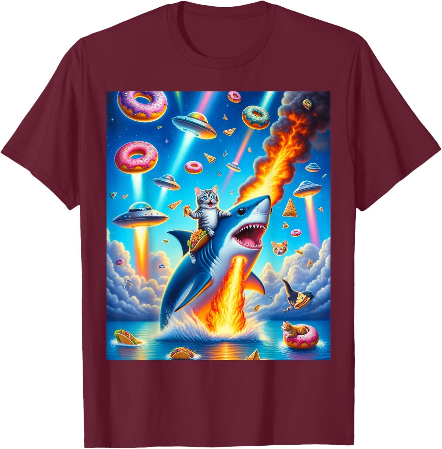 Cat Kitty Riding Fire Breathing Shark Rainbow Laser Taco T-Shirt - T-Shirt | Maroon