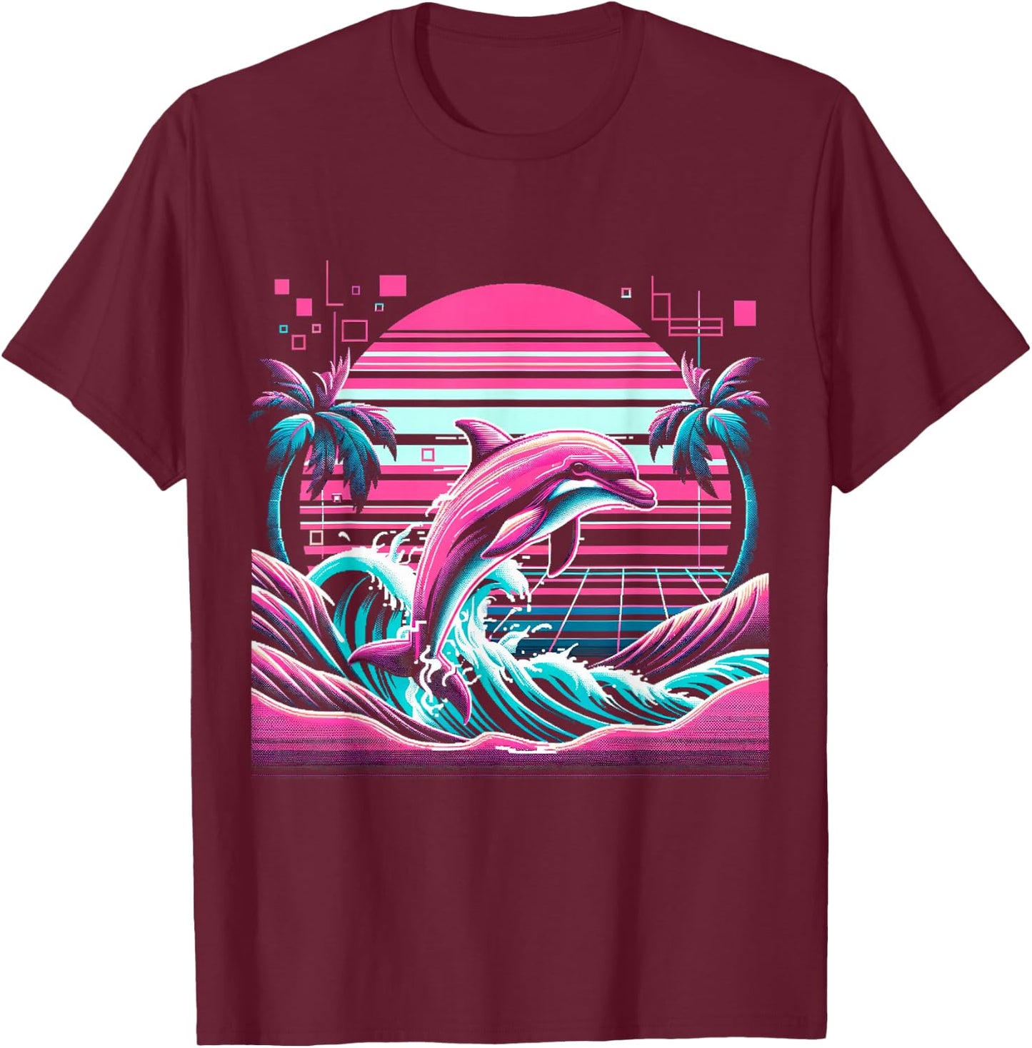Retro Dolphin Palm Sunset Vaporwave - 80s 90s Glitch Art T-Shirt - T-Shirt | Maroon