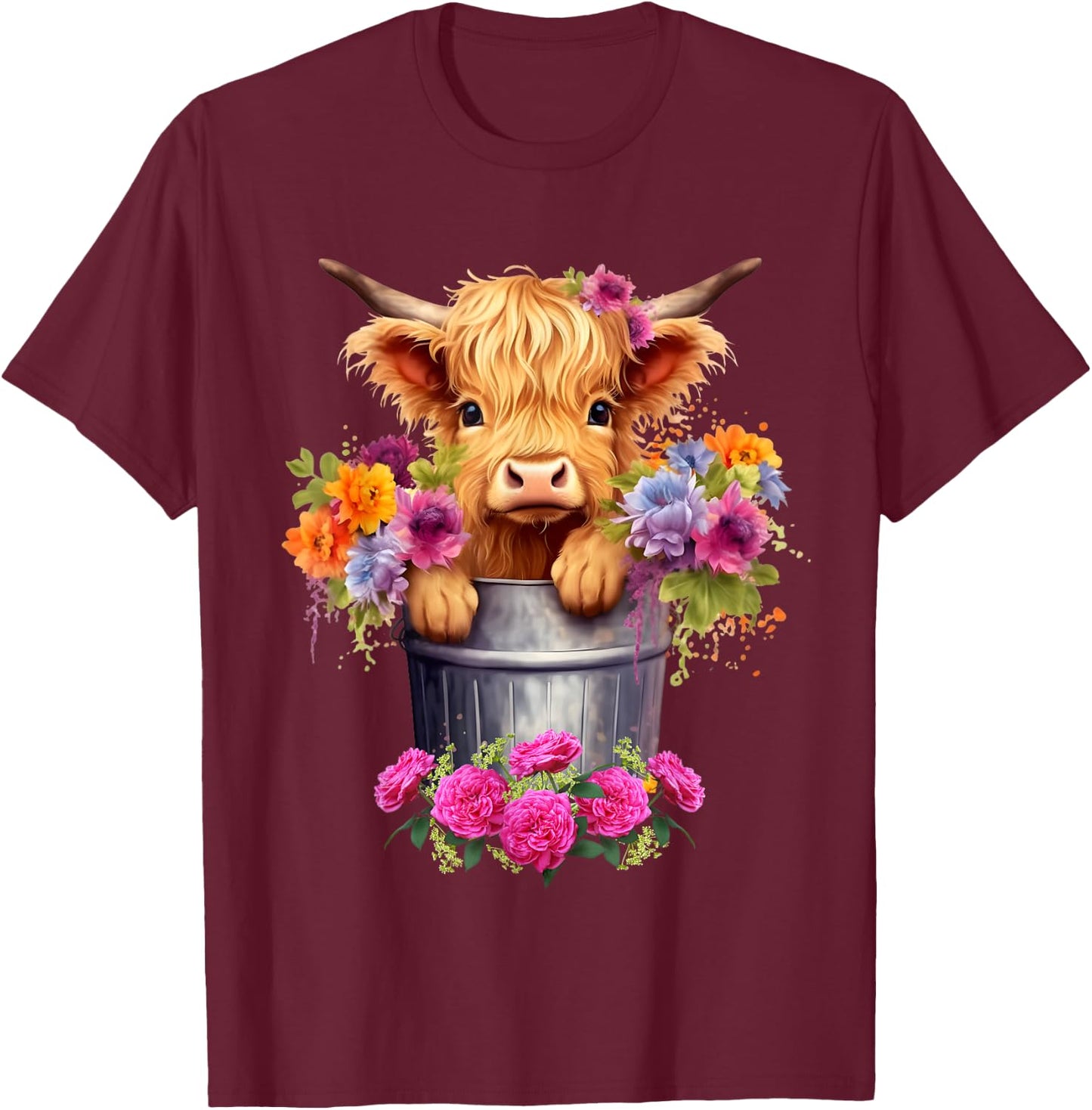 Cute Baby Highland Cow With flowers Calf Animal cow women T-Shirt - T-Shirt | Maroon