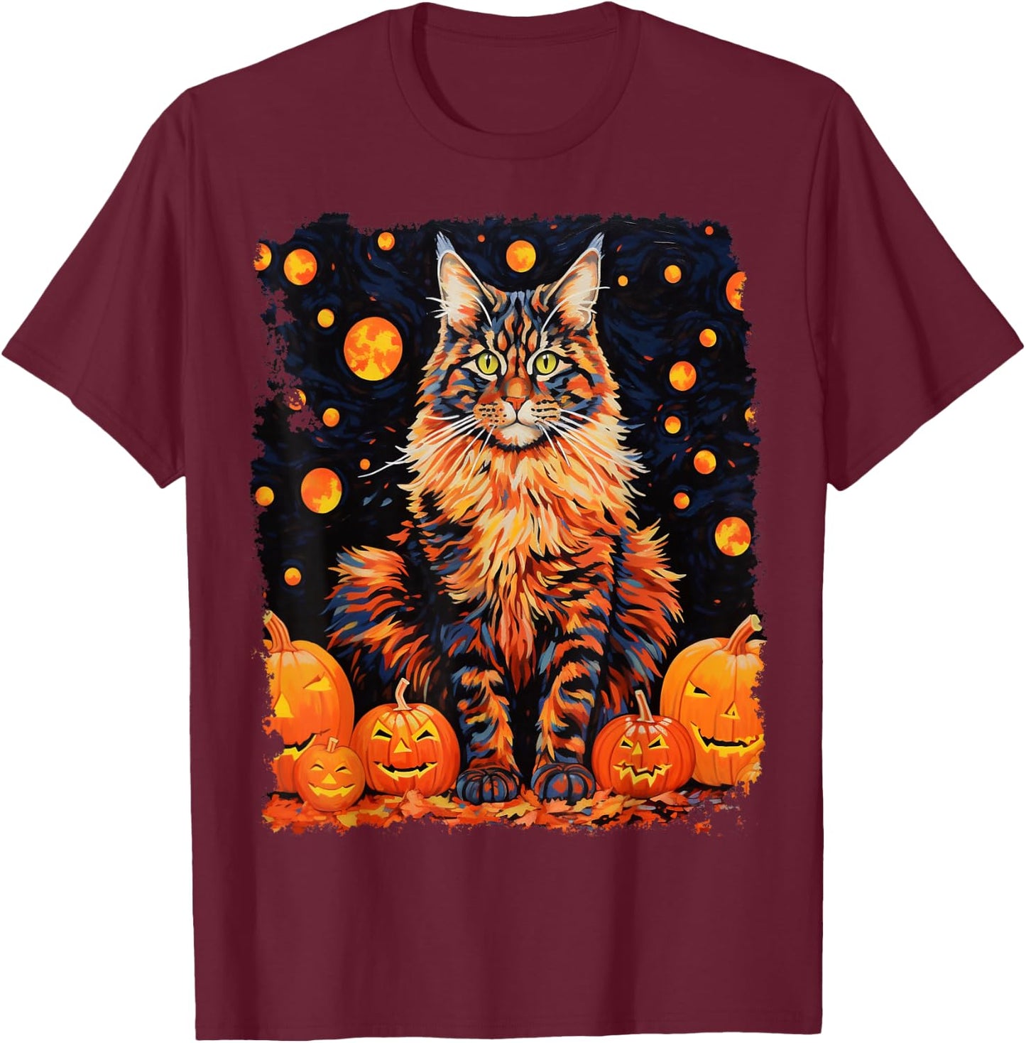 Pop Art Maine Coon Cat Pumpkin Halloween T-Shirt - T-Shirt | Maroon