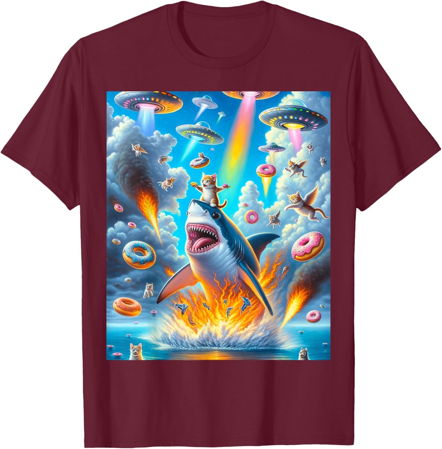 Cat Kitty Riding Fire Breathing Shark Rainbow Laser Taco T-Shirt - T-Shirt | Maroon