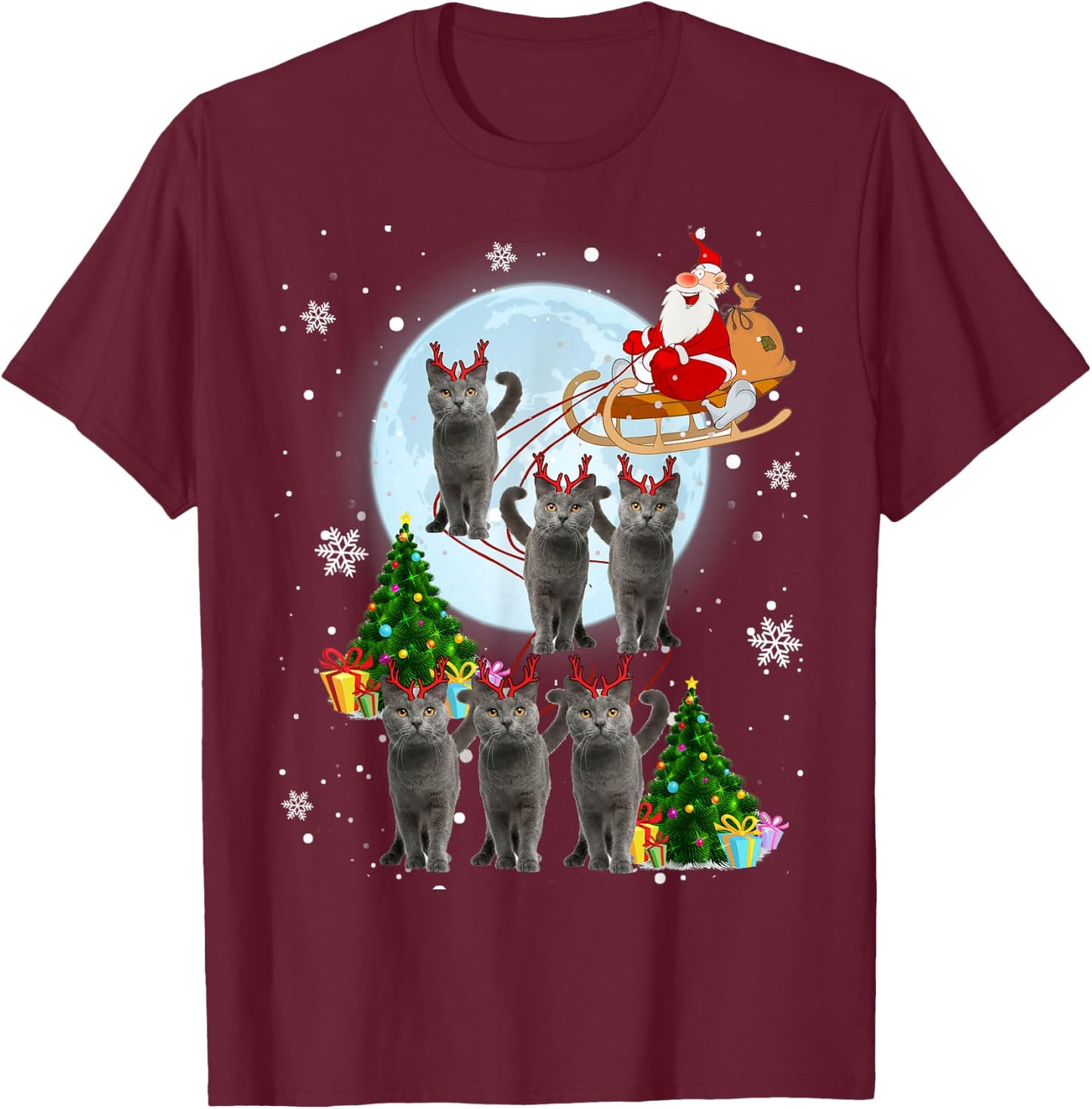 Russian Blue Reindeer Christmas Russian Blue Cat Lover Gifts T-Shirt - T-Shirt | Maroon