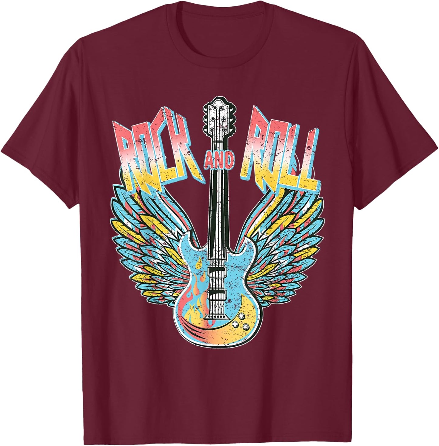 Vintage Retro 80s Rock & Roll Music Electric Guitar Wings T-Shirt - T-Shirt | Maroon