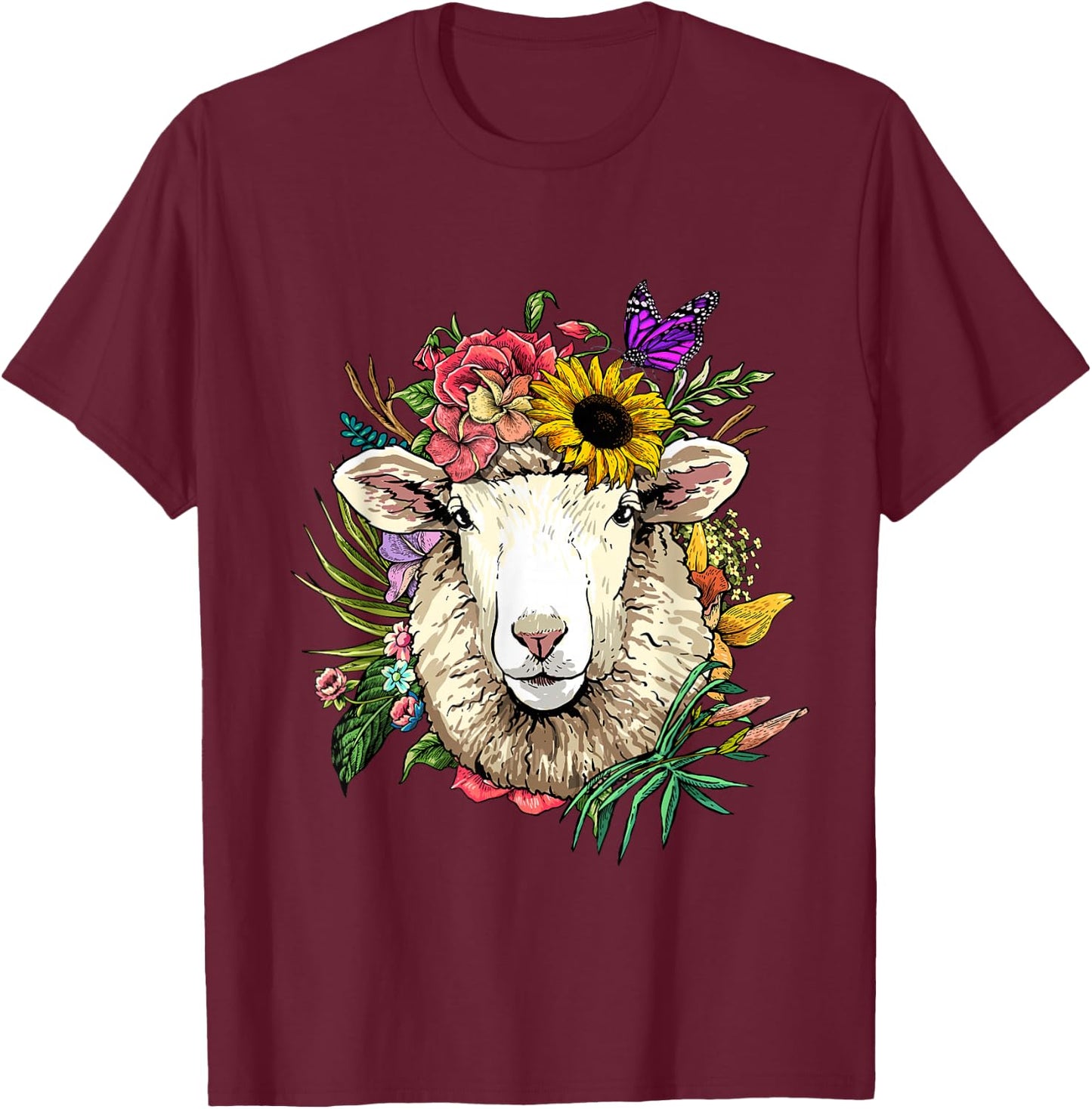 Floral Sheep Shirt Lamb Farm Animal Face Farmer Sheep Lover T-Shirt - T-Shirt | Maroon
