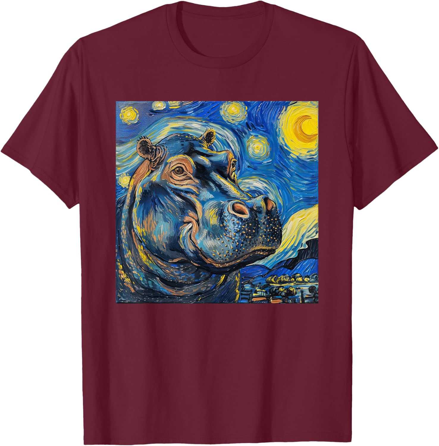 Hippopotamus Hippo Van Gogh Style Starry Night T-Shirt - T-Shirt | Maroon