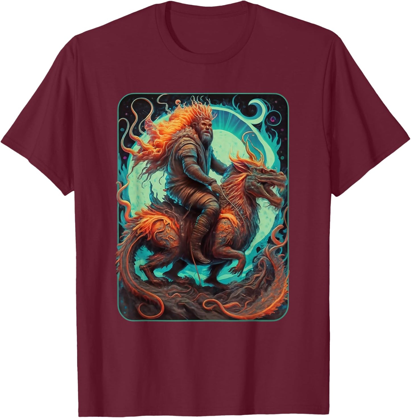 Bigfoot Sasquatch Riding Dragon Mystical Fantasy Art T-Shirt - T-Shirt | Maroon