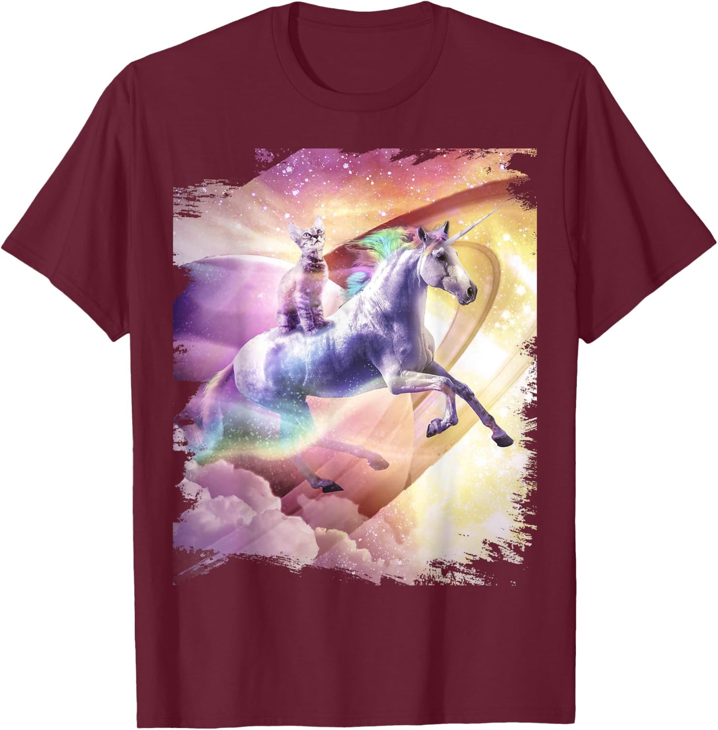Rainbow Galaxy Cat Riding Unicorn in Space Women Girls Kids T-Shirt - T-Shirt | Maroon