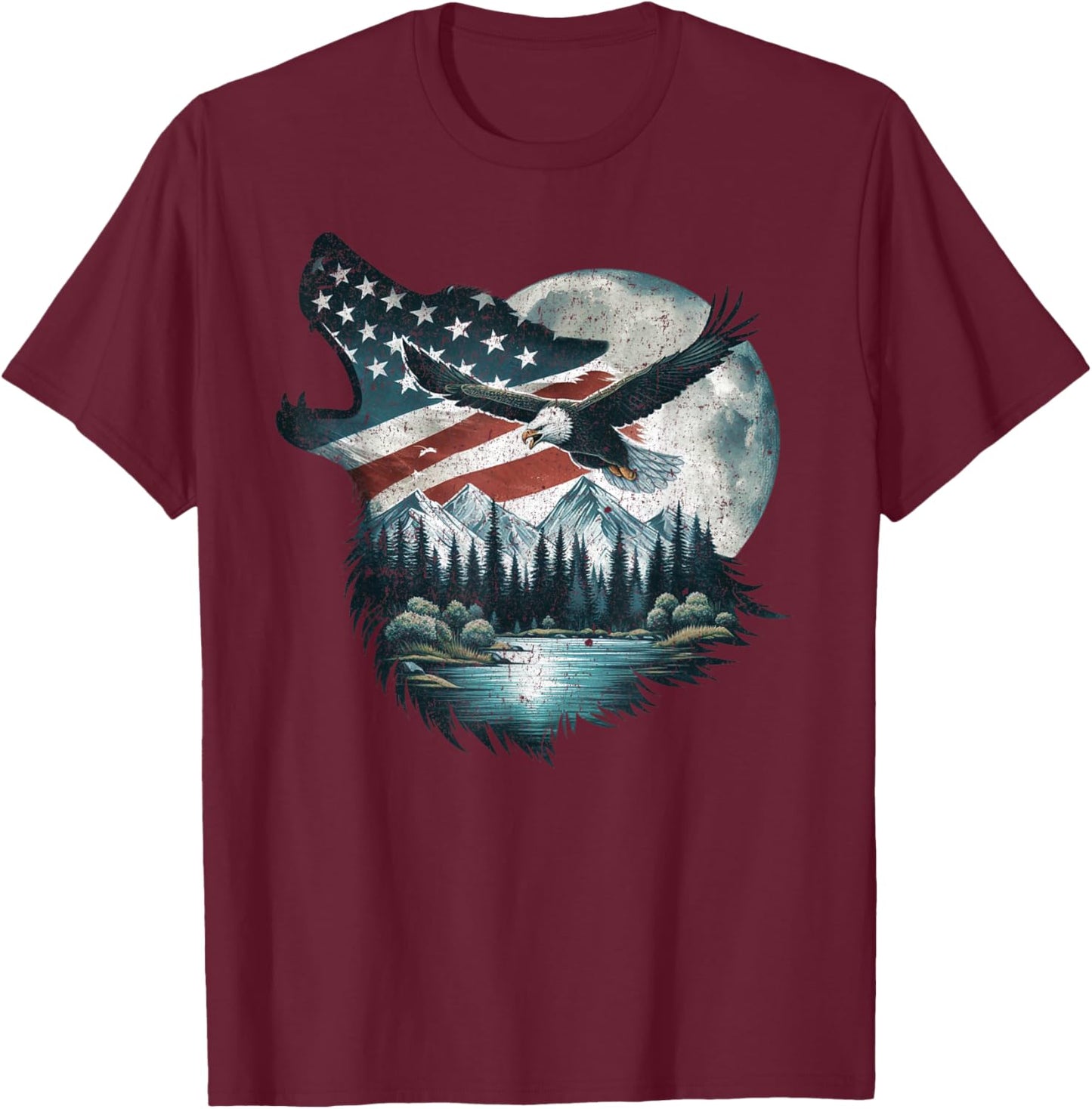 Bald Eagle Wolf US Flag 4th Of July Patriotic Man Woman T-Shirt - T-Shirt | Maroon