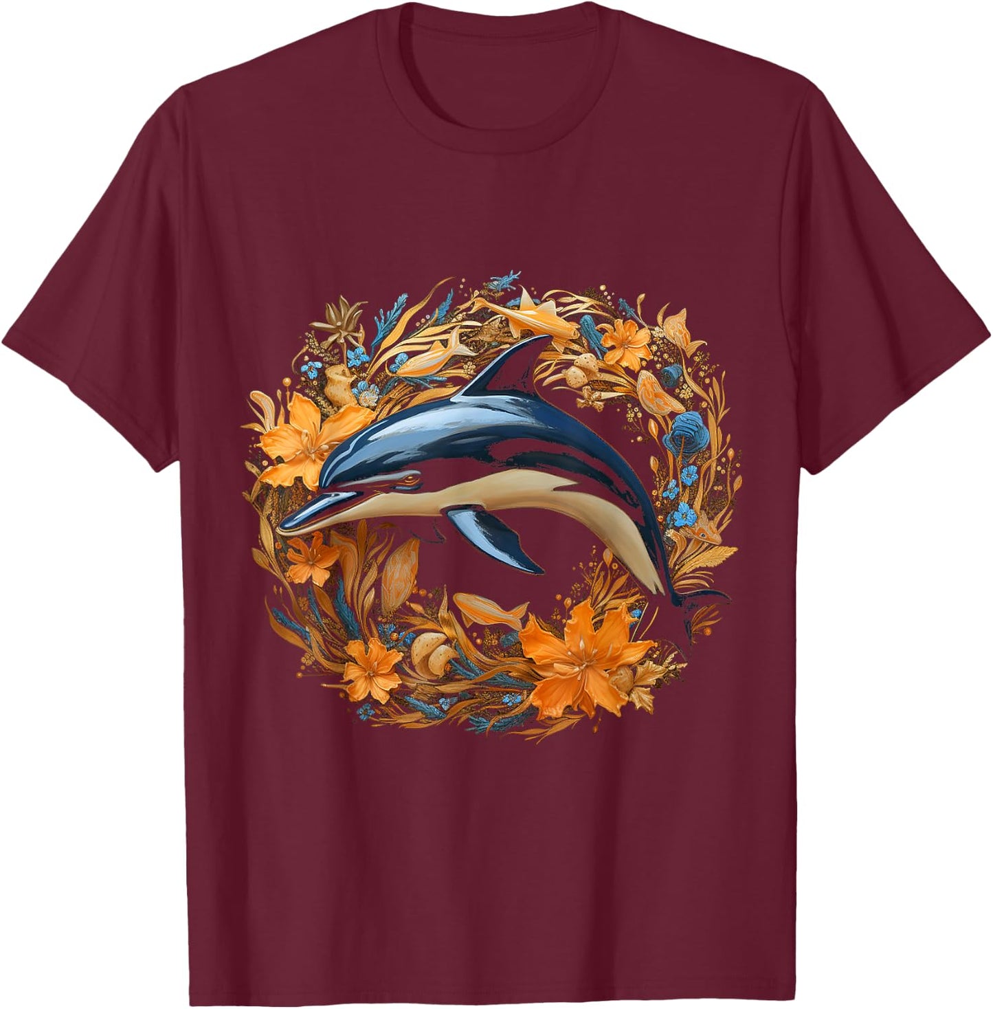 Dolphin Flowers Art Animal Sculpture Graphic Dolphin T-Shirt - T-Shirt | Maroon