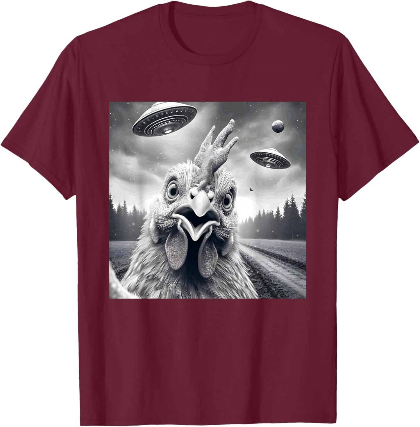 Chicken Rooster Funny Graphic Selfie with UFOs Weird Aliens T-Shirt - T-Shirt | Maroon