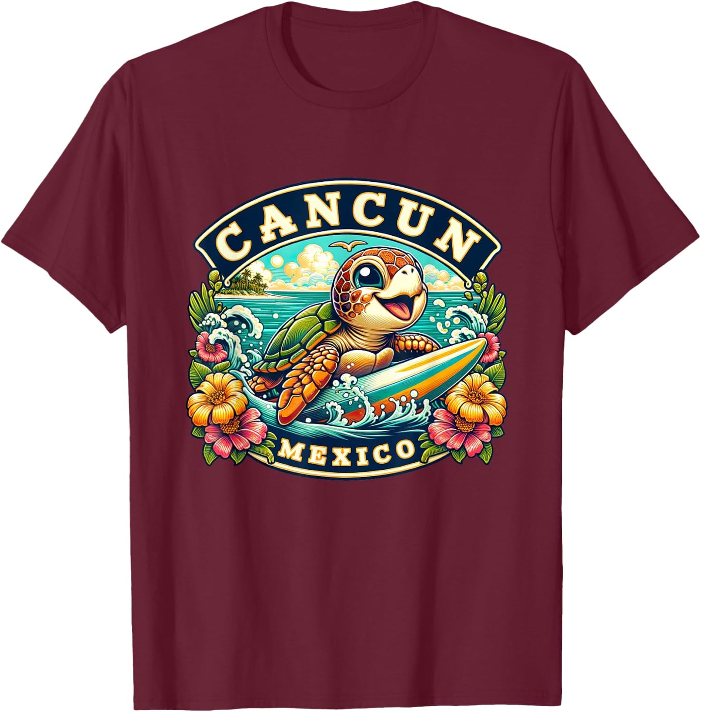 Cancun Mexico Cute Sea Turtle Surfing T-Shirt - T-Shirt | Maroon