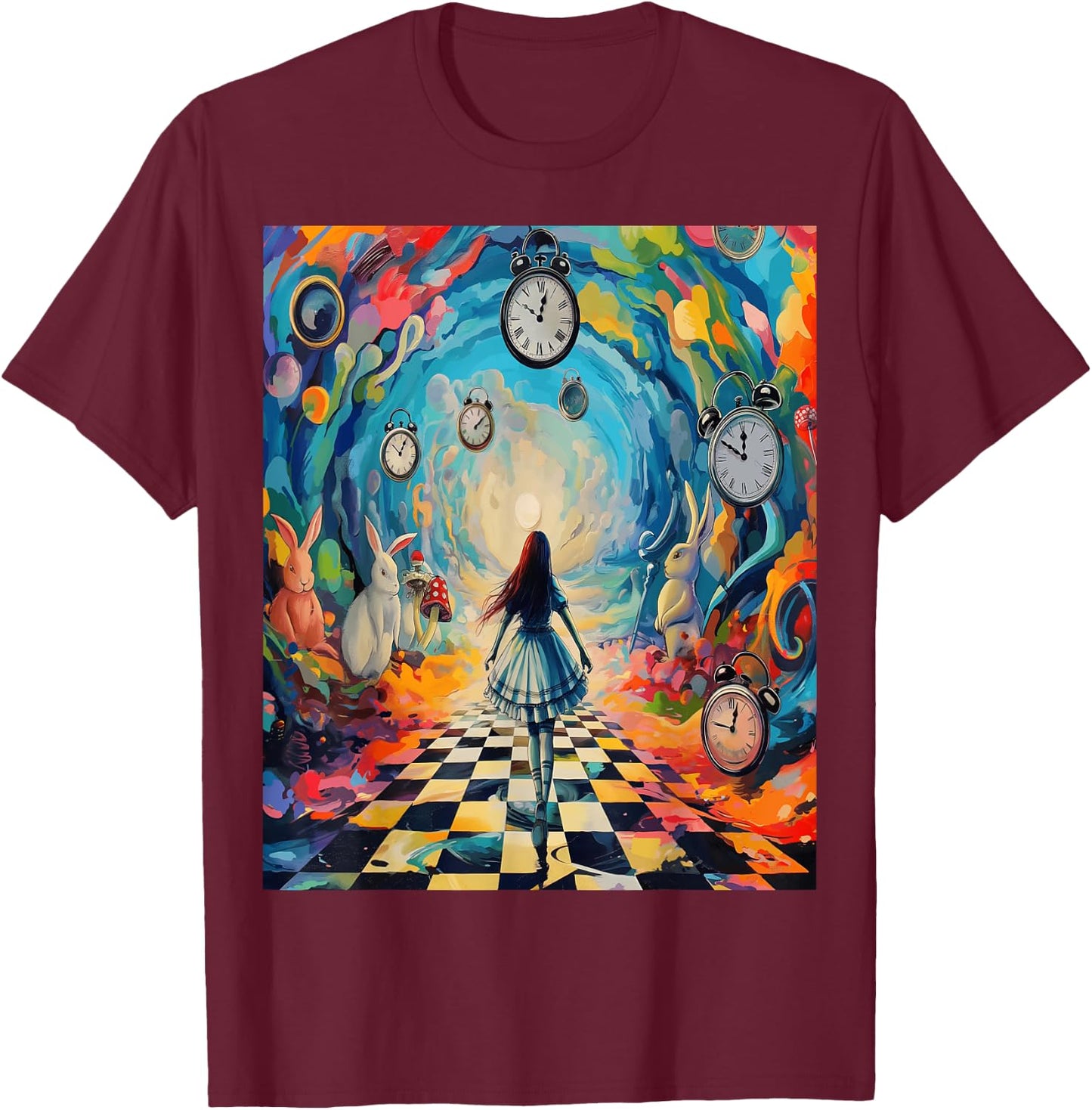 Alice in Wonderland Trippy Timepiece T-Shirt - T-Shirt | Maroon