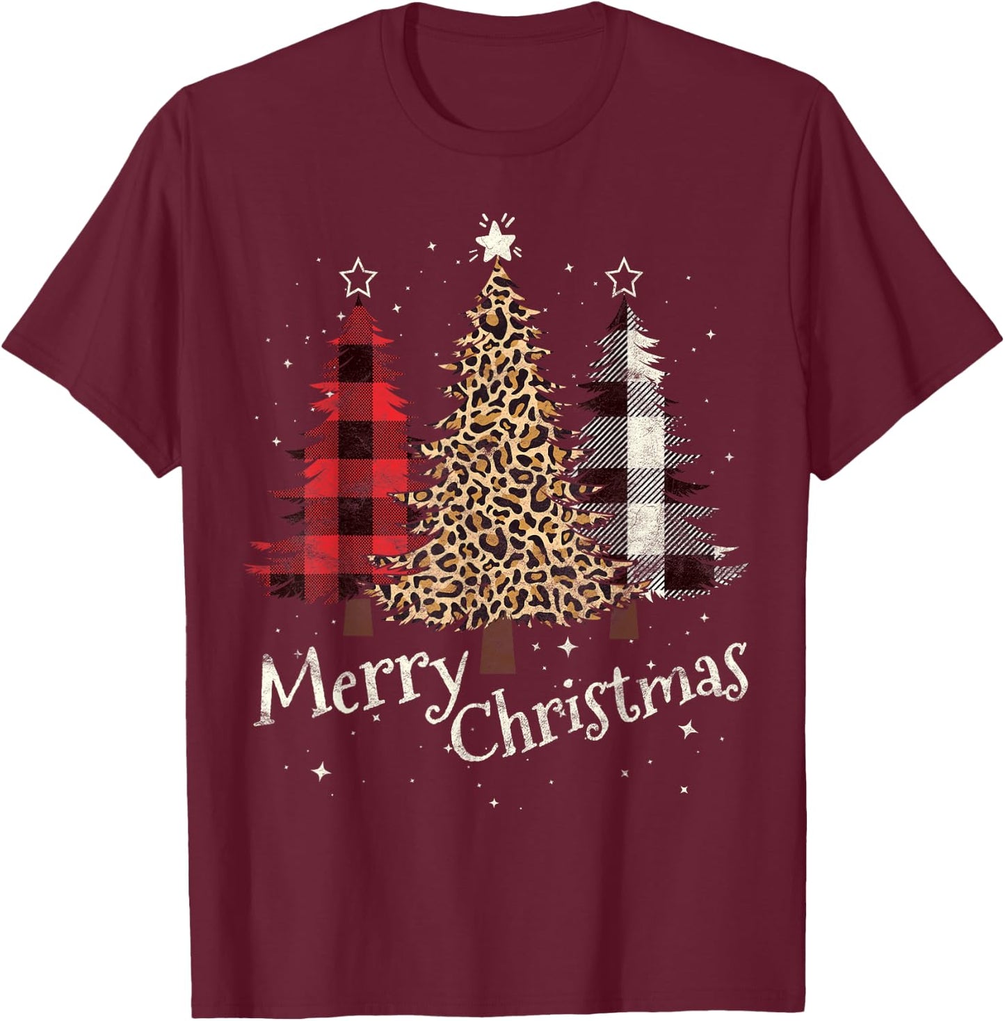 Merry Christmas Gift Three Xmas Trees Buffalo Plaid Woman T-Shirt - T-Shirt | Maroon