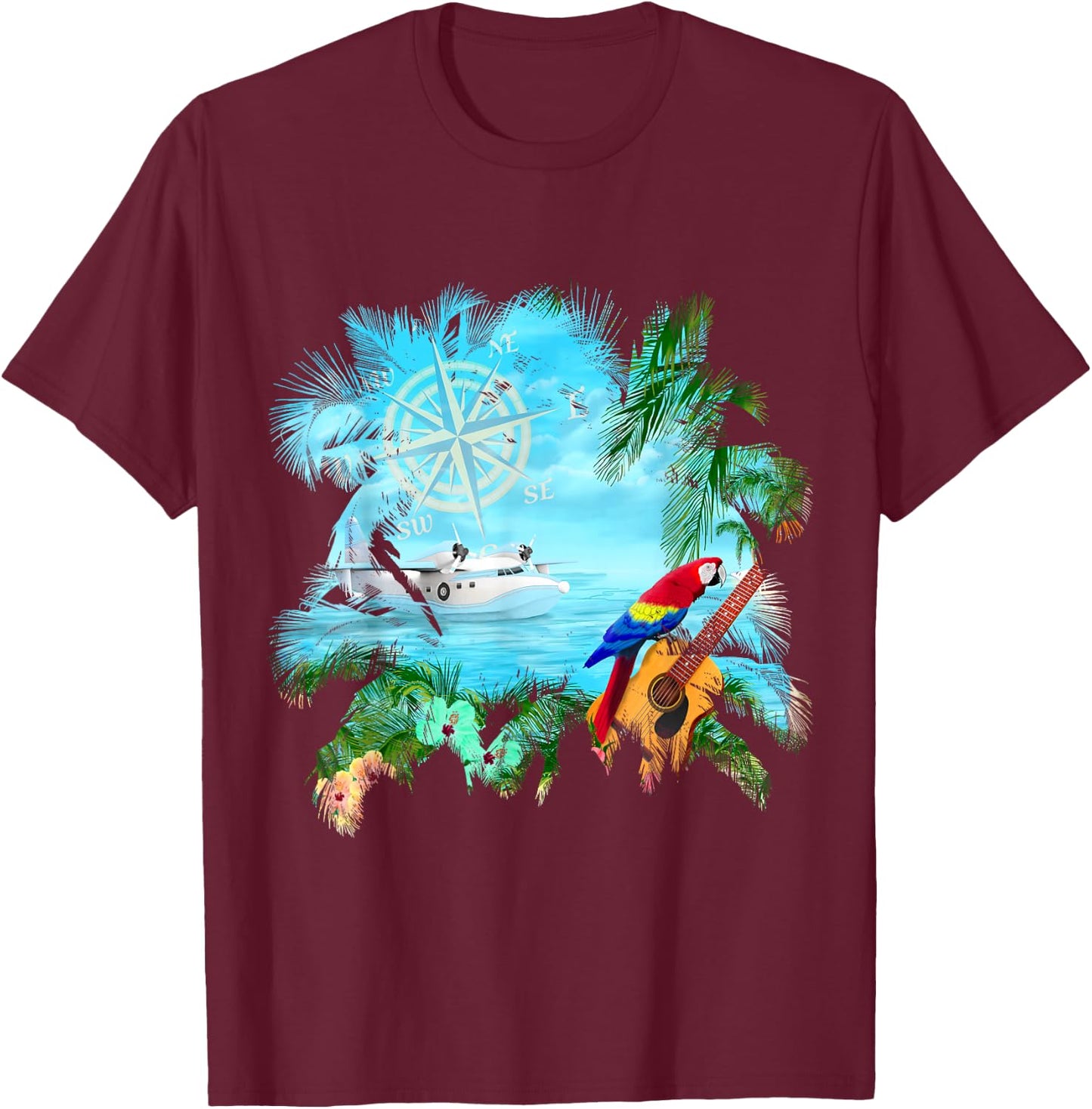 Beachside Dream Seaplane, Parrot, and Guitar T-Shirt - T-Shirt | Maroon