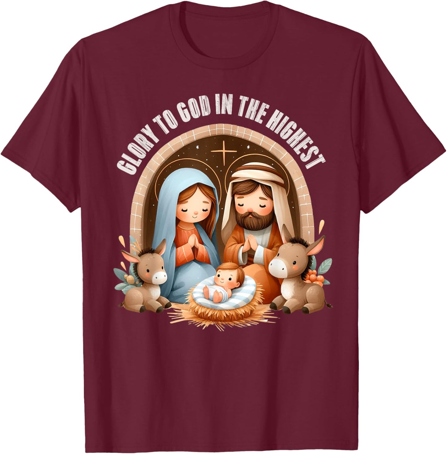 Nativity Scene Glory to God in the Highest Boho Christmas T-Shirt - T-Shirt | Maroon