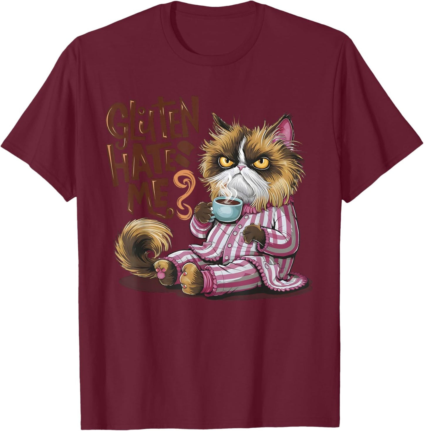 Gluten Hates Me Cat Drinking Coffee T-Shirt - T-Shirt | Maroon