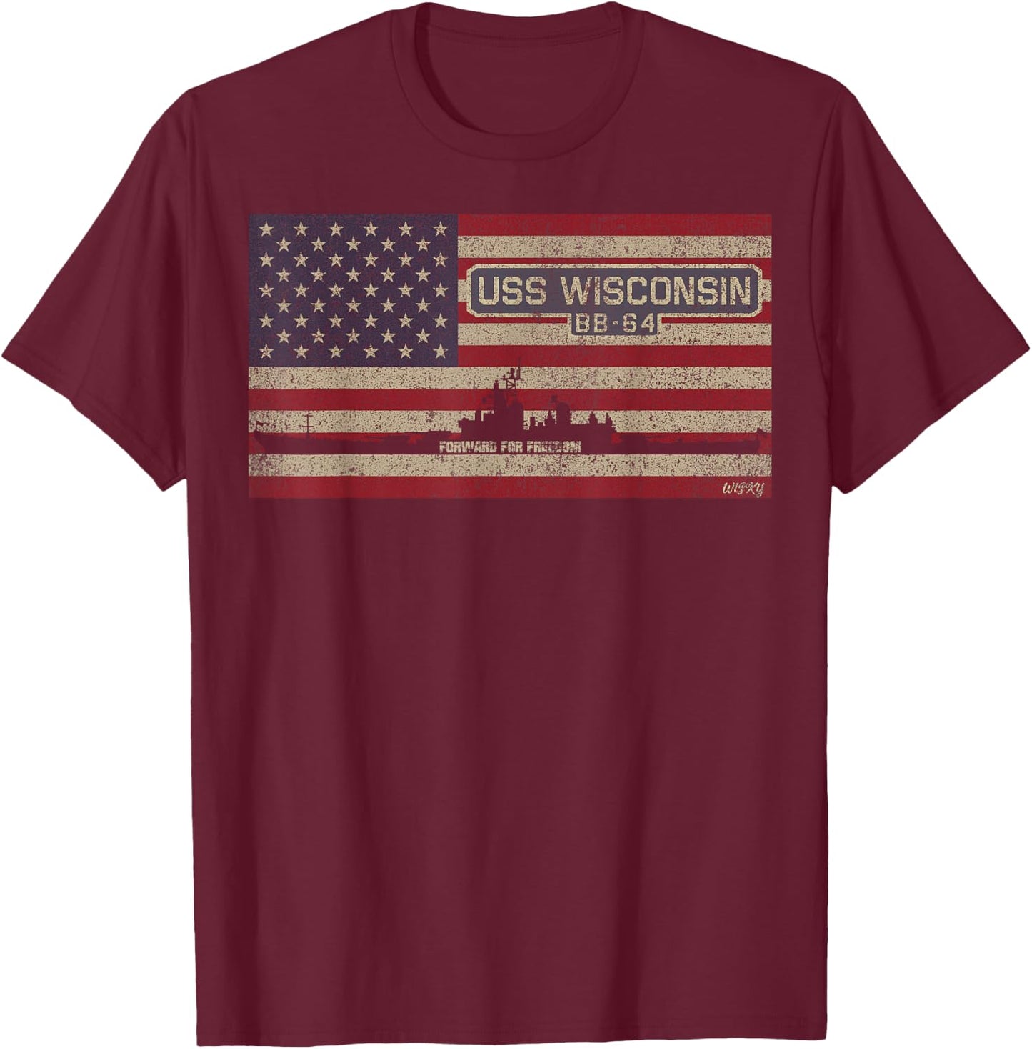 USS Wisconsin BB-64 Battleship USA American Flag T-Shirt - T-Shirt | Maroon