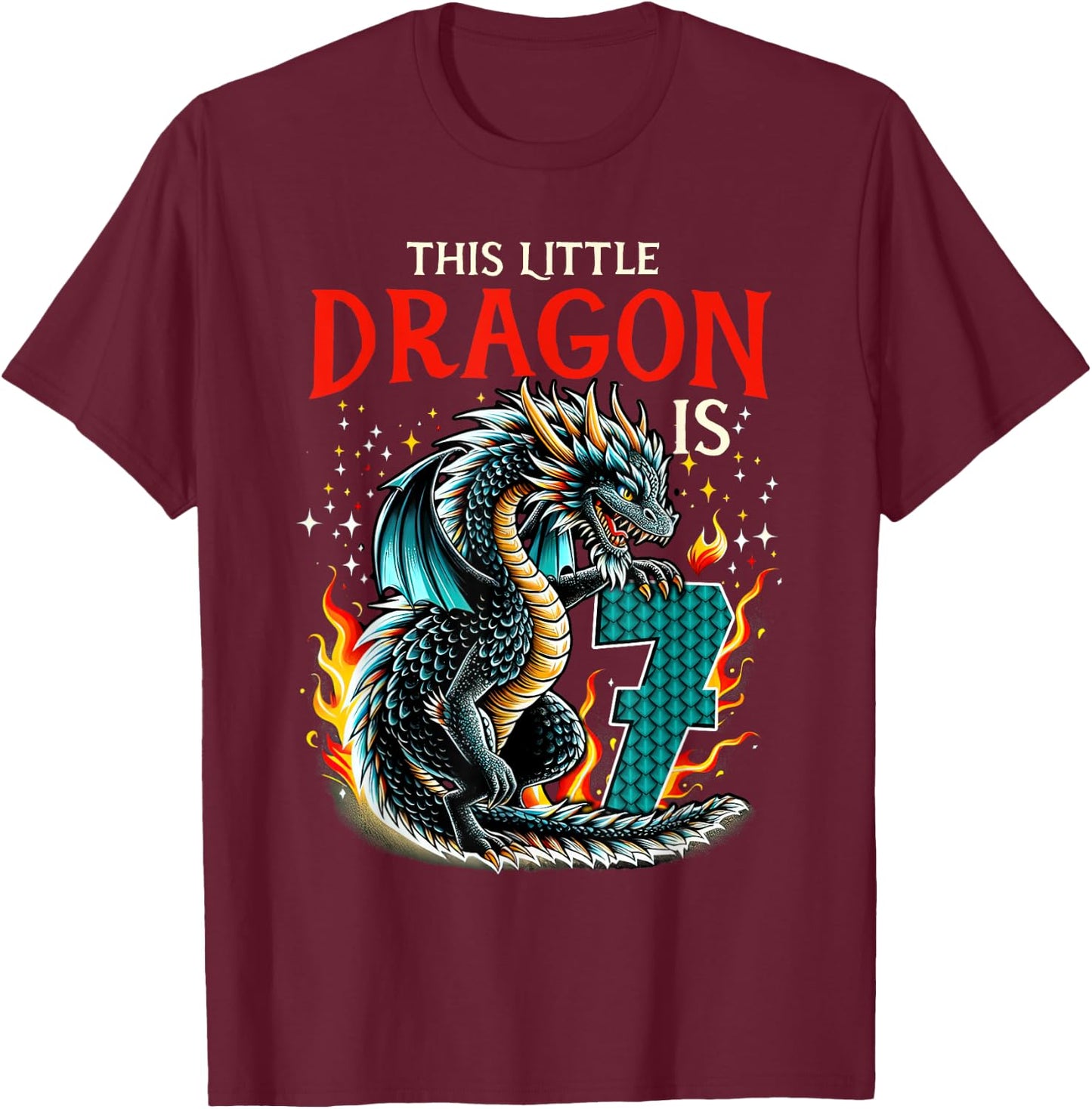 Turning 7 Year Old Birthday Boy Dragon 7th Bday Girl T-Shirt - T-Shirt | Maroon